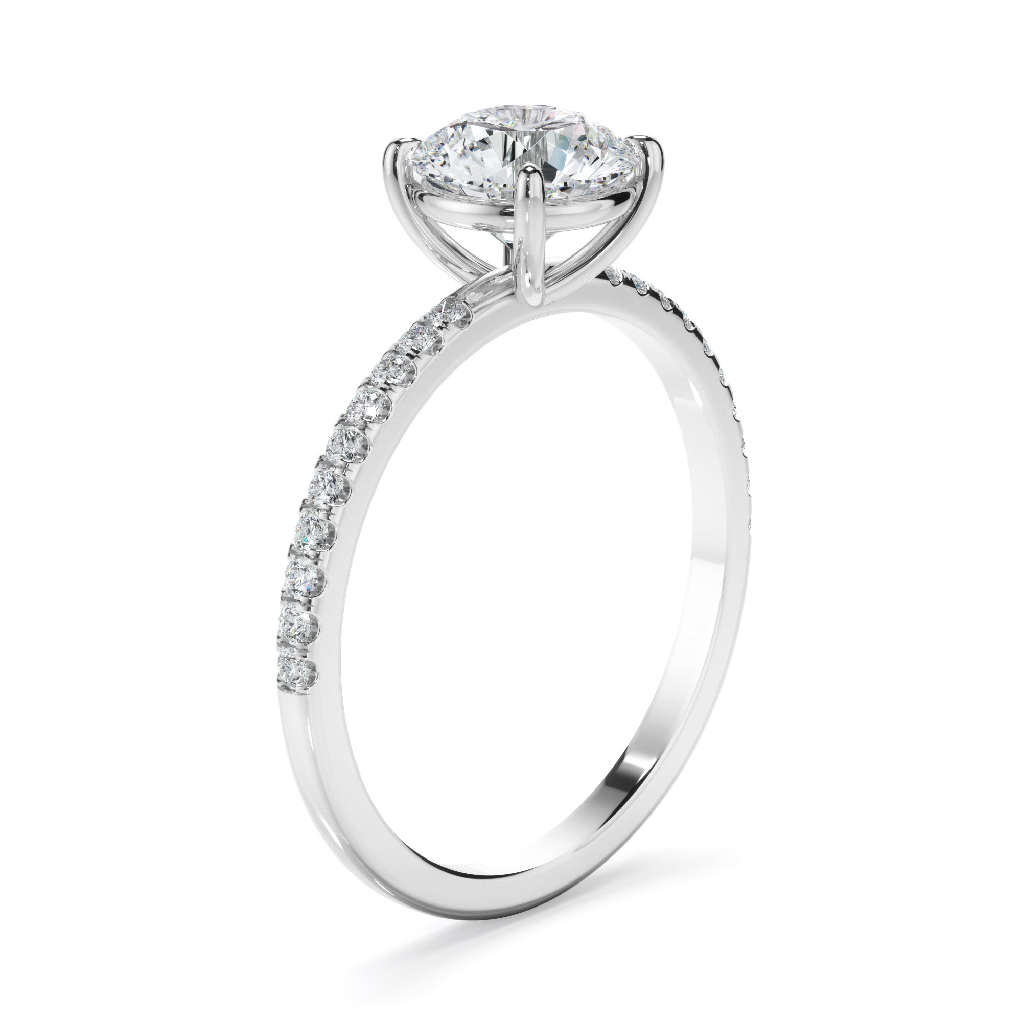 Round Brilliant Cut Diamond Solitaire Engagement Ring With Pave Band