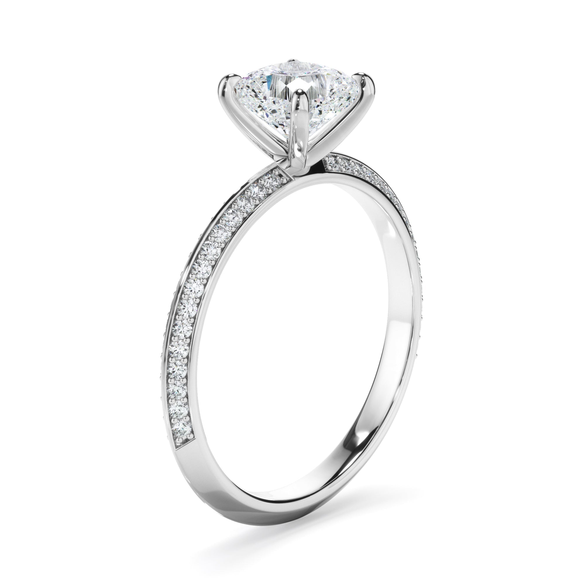 Cushion Cut Diamond Knife Edge Engagement Ring With Diamond Pave Sides