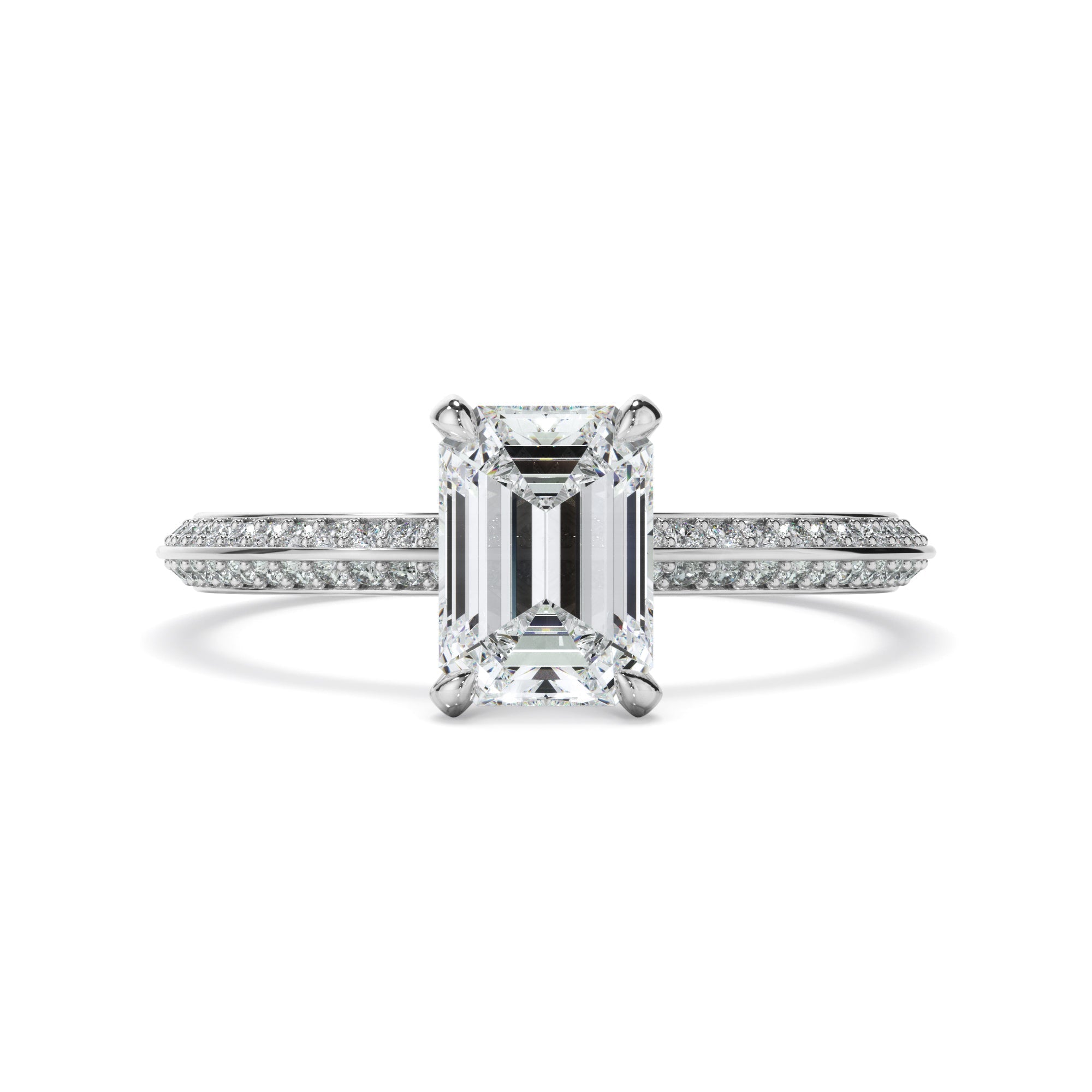 Emerald Cut Diamond Knife Edge Engagement Ring With Diamond Pave Sides