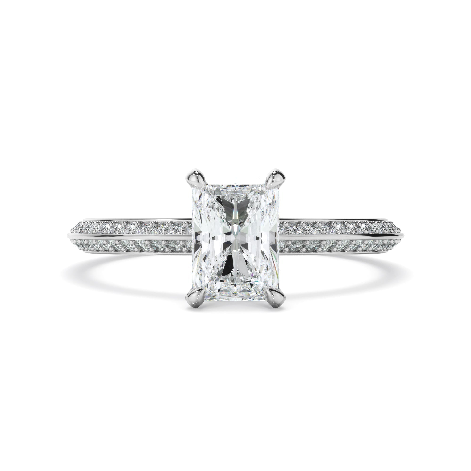 Radiant Cut Diamond Knife Edge Engagement Ring With Diamond Pave Sides