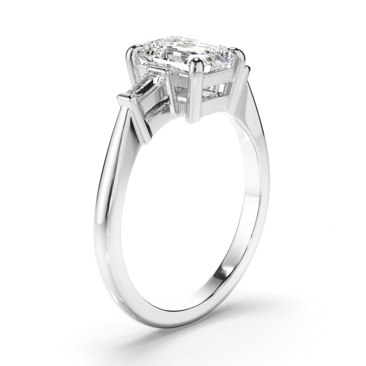 Emerald Cut Diamond Trilogy Engagement Ring with Baguette Sides