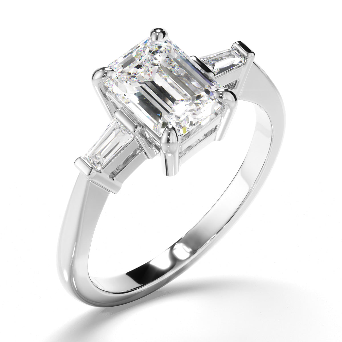 Emerald Cut Diamond Trilogy Engagement Ring with Baguette Sides