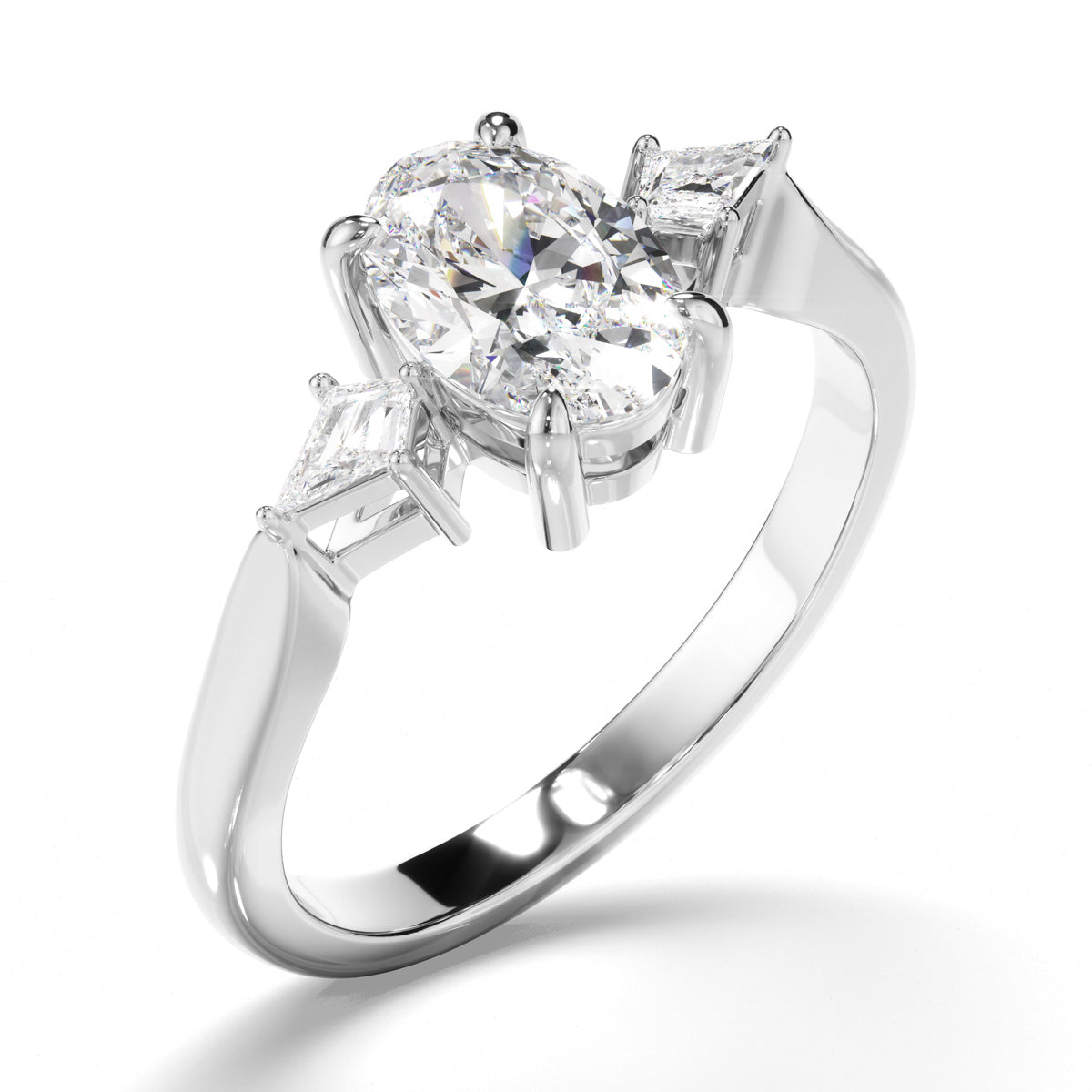 Oval Cut Diamond Trilogy Engagement Ring with Kite Sides